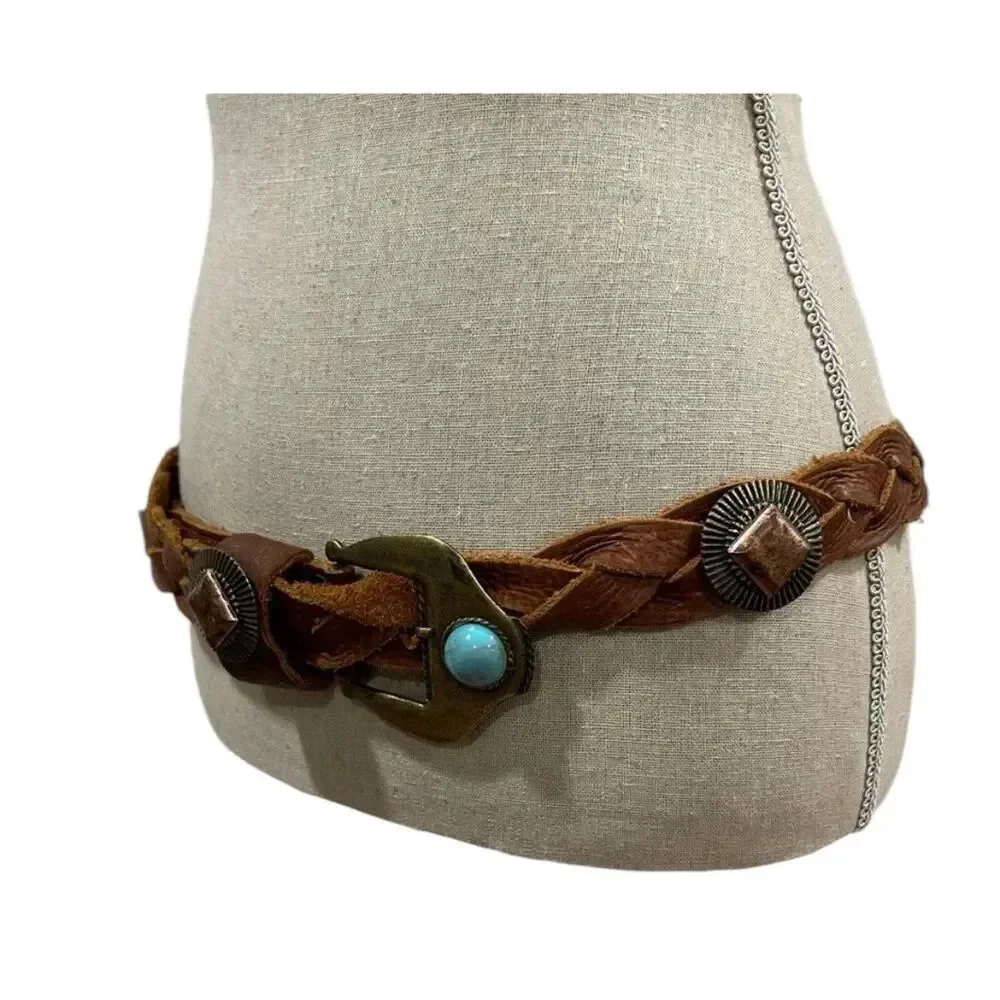 ✨Bebe cognac braided leather belt with turquoise details sz s/m✨